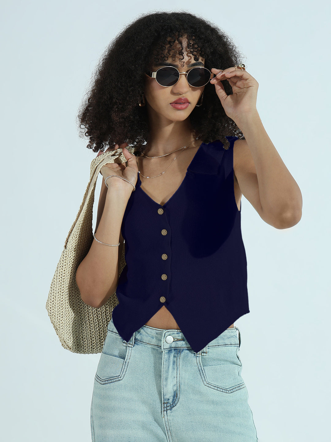 Women's Navy Blue Vest Top with Gold Buttons