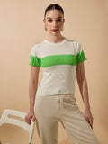 Women's Ribbed Colourblocked Off White Knitted Top