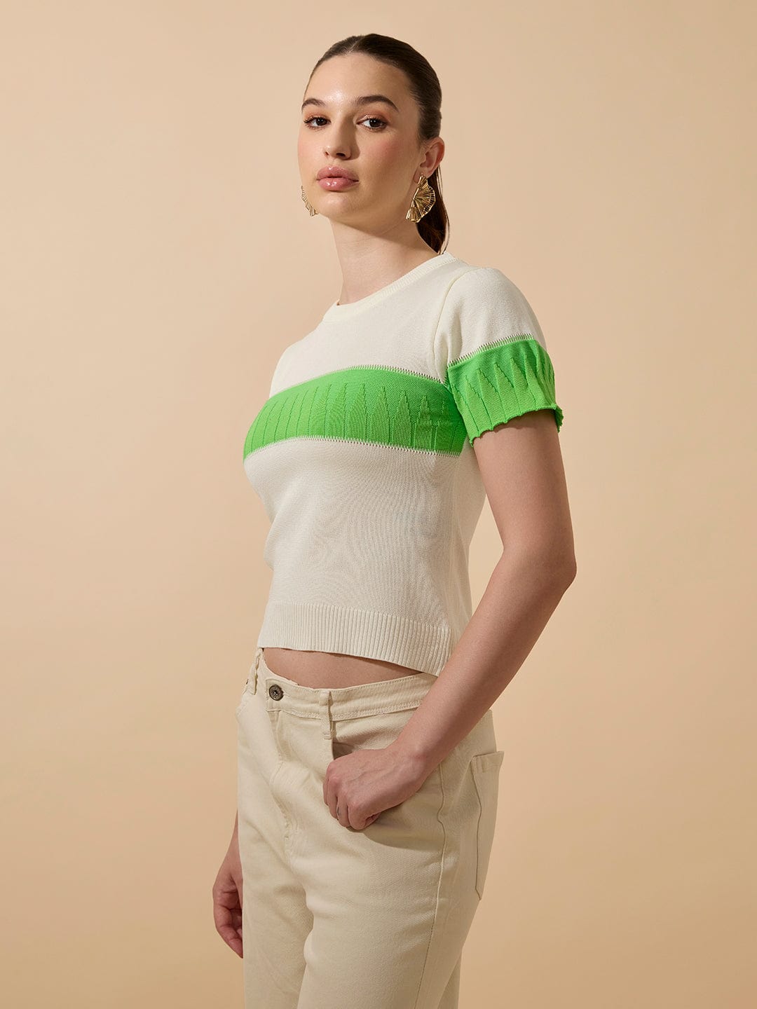 Women's Ribbed Colourblocked Off White Knitted Top