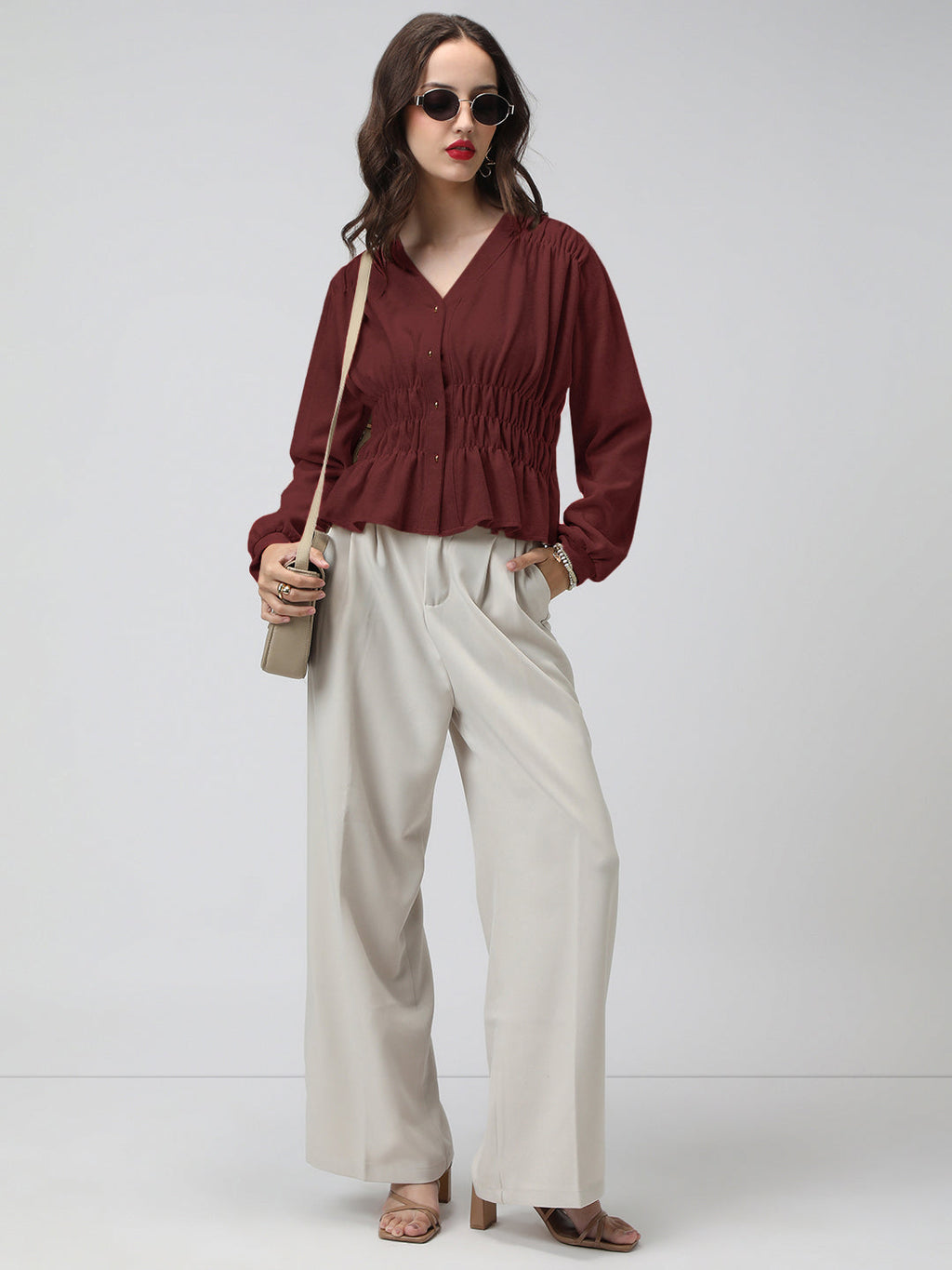 Women's Maroon V-Neck Long Sleeve Smocked Top