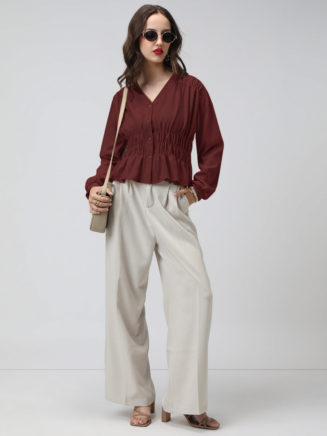 Women's Maroon V-Neck Long Sleeve Smocked Top