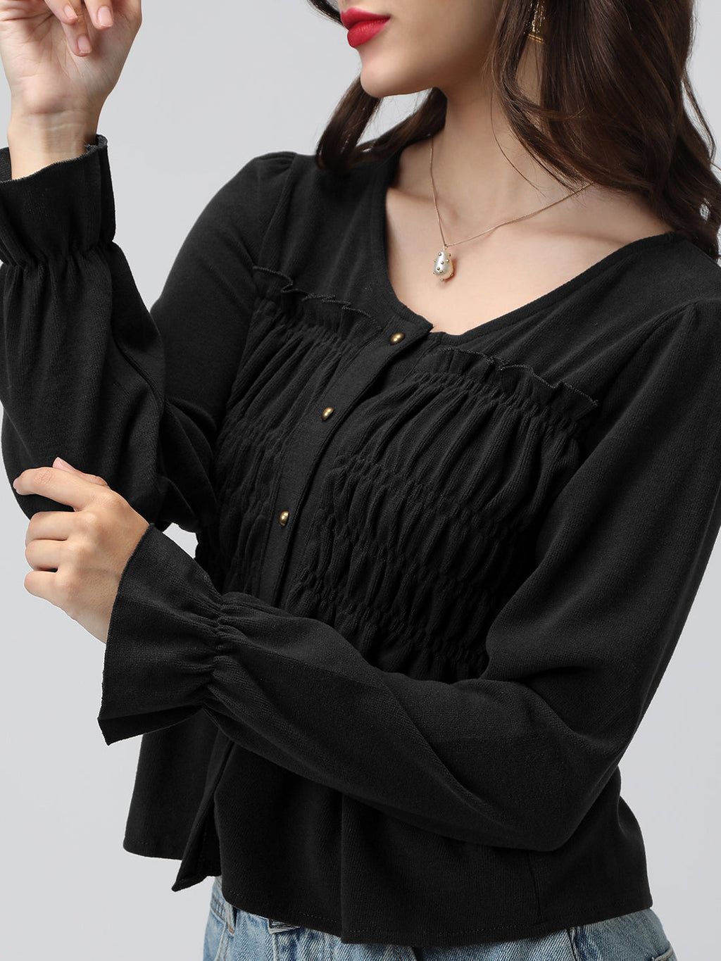 Women's Black V-Neck Long Sleeve Smocked Top