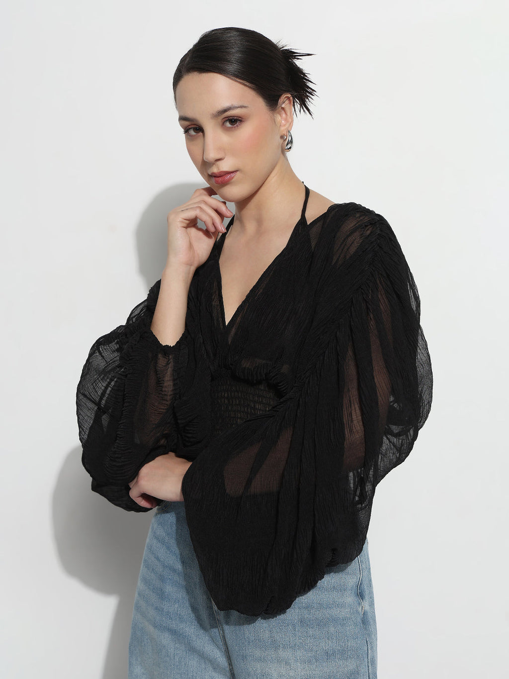 Women's Black V-neck Ruched Balloon Sleeve Top