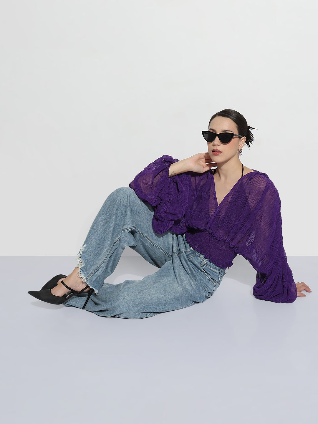 Women's Purple V-neck Ruched Balloon Sleeve Top