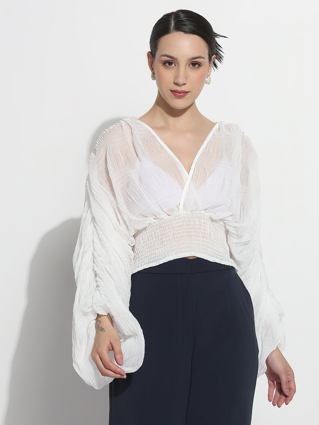 Women's White V-neck Ruched Balloon Sleeve Top