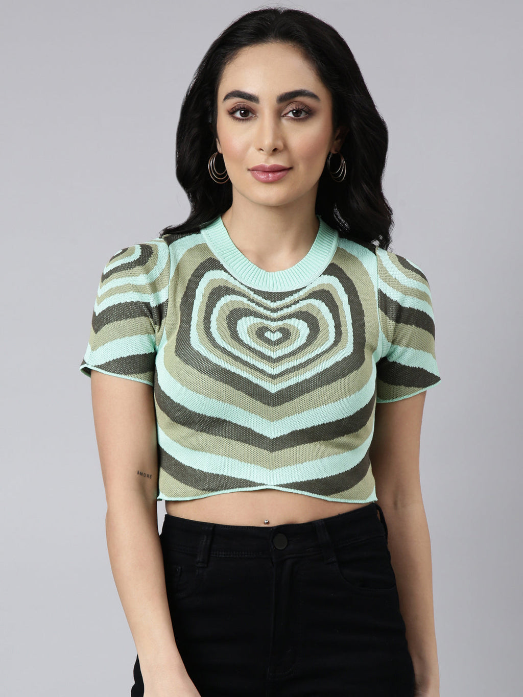 Women's Green Graphic Printed Fitted Crop Top