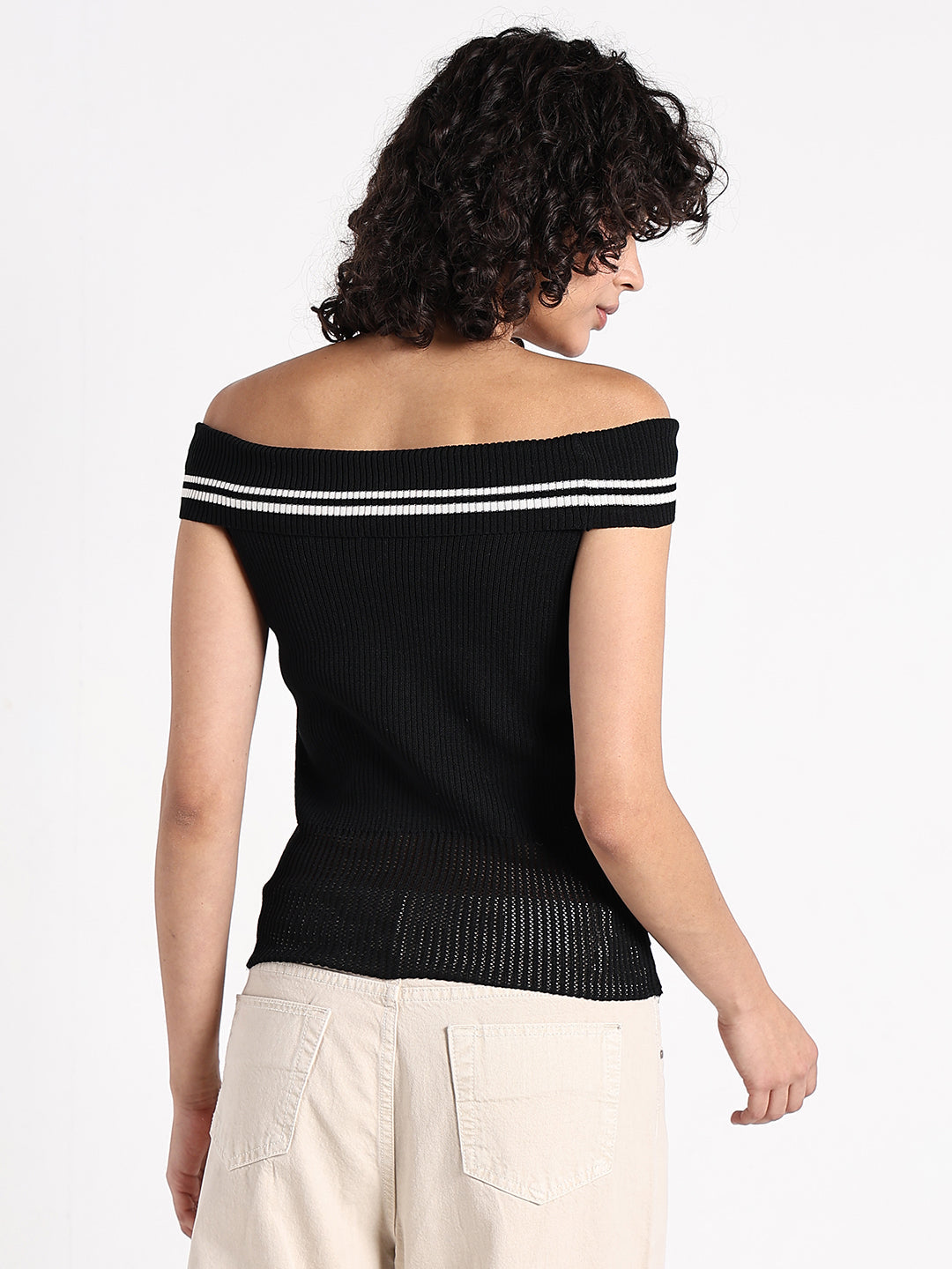 Women's Black Off-Shoulder Knit Top  with Contrast Striped Trim Detail