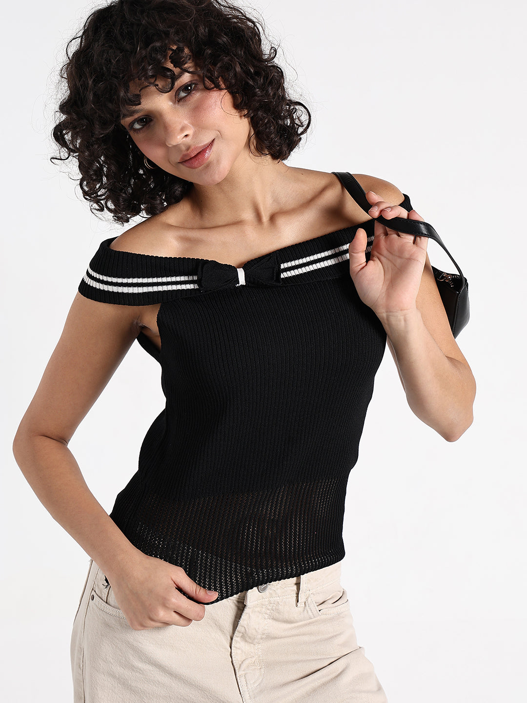 Women's Black Off-Shoulder Knit Top  with Contrast Striped Trim Detail