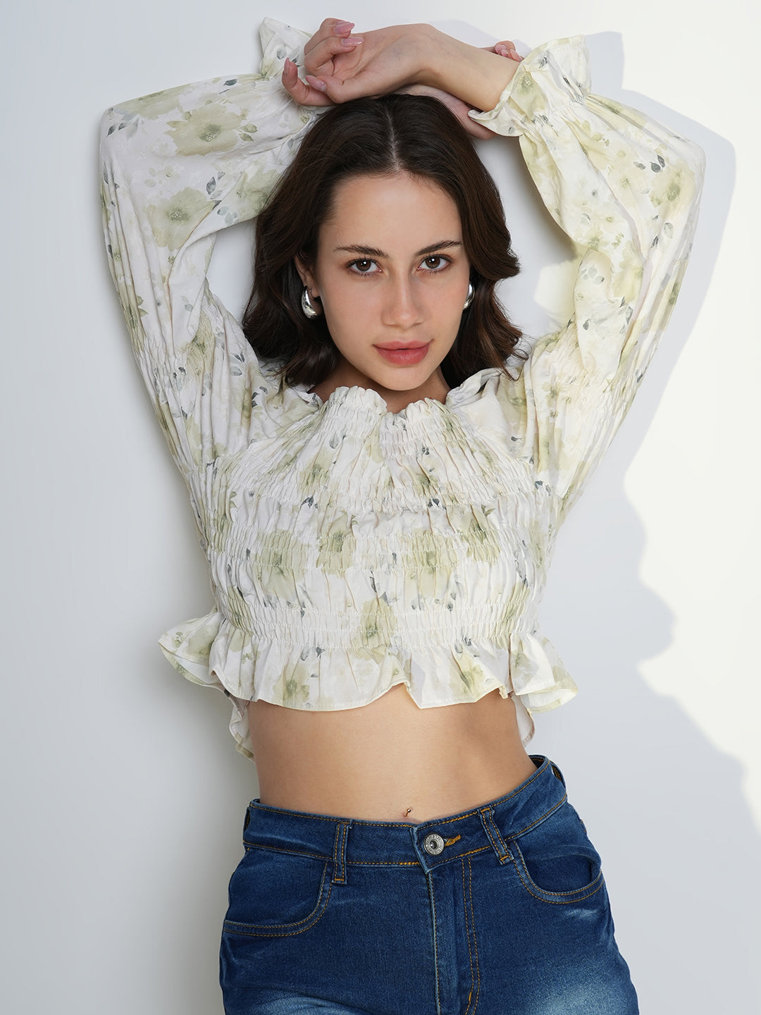 Women's Green Floral Print Puff Sleeve Crop Top