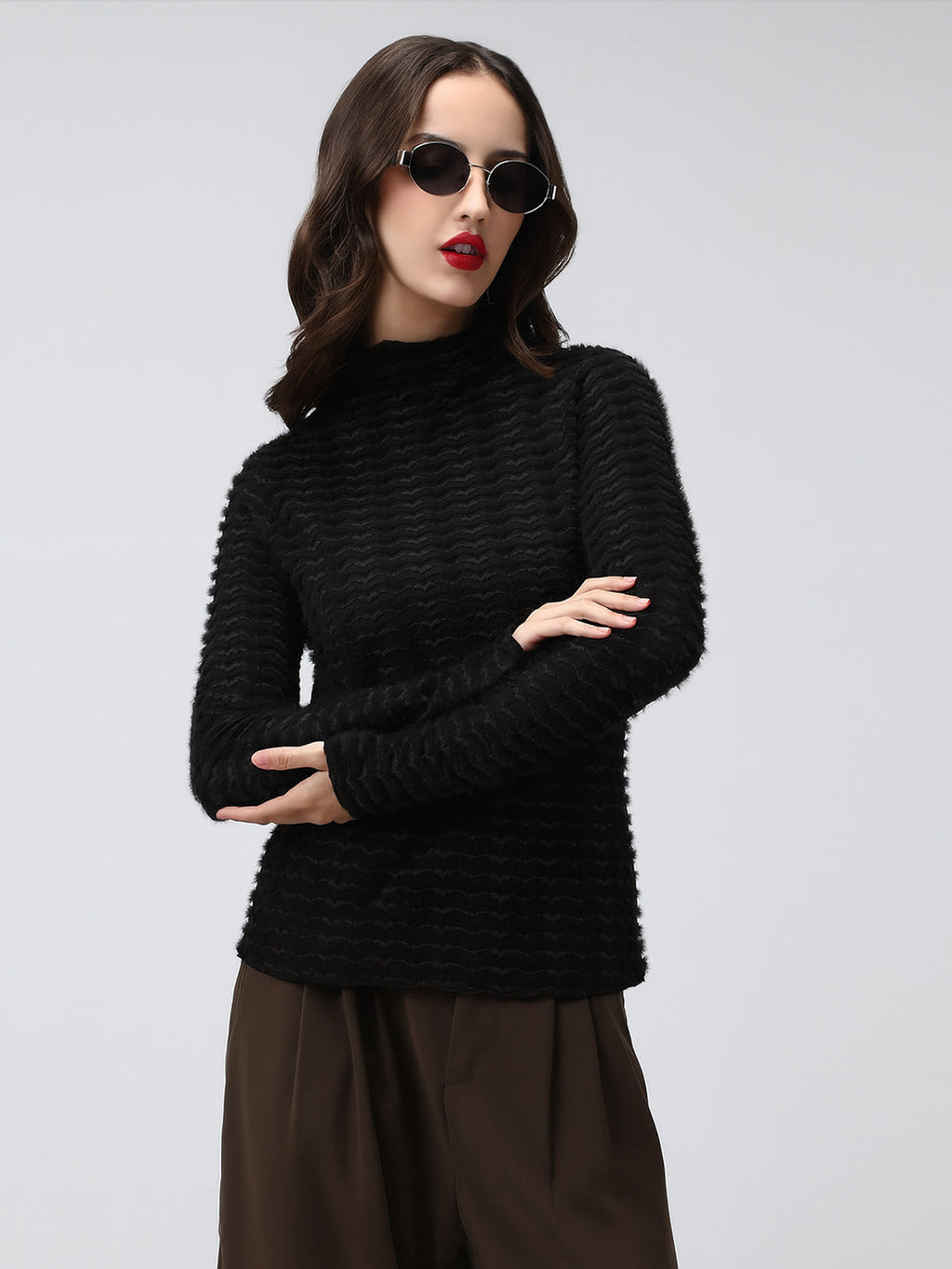 Women's Textured Black High Neck Top