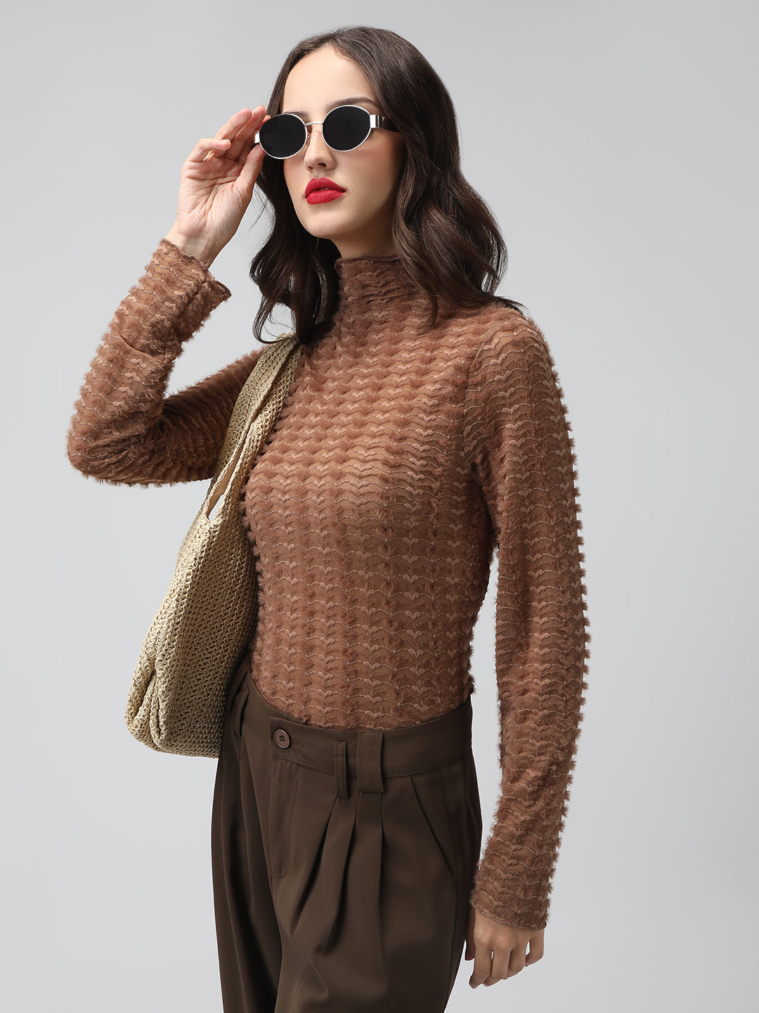 Women's Textured Brown High Neck Top
