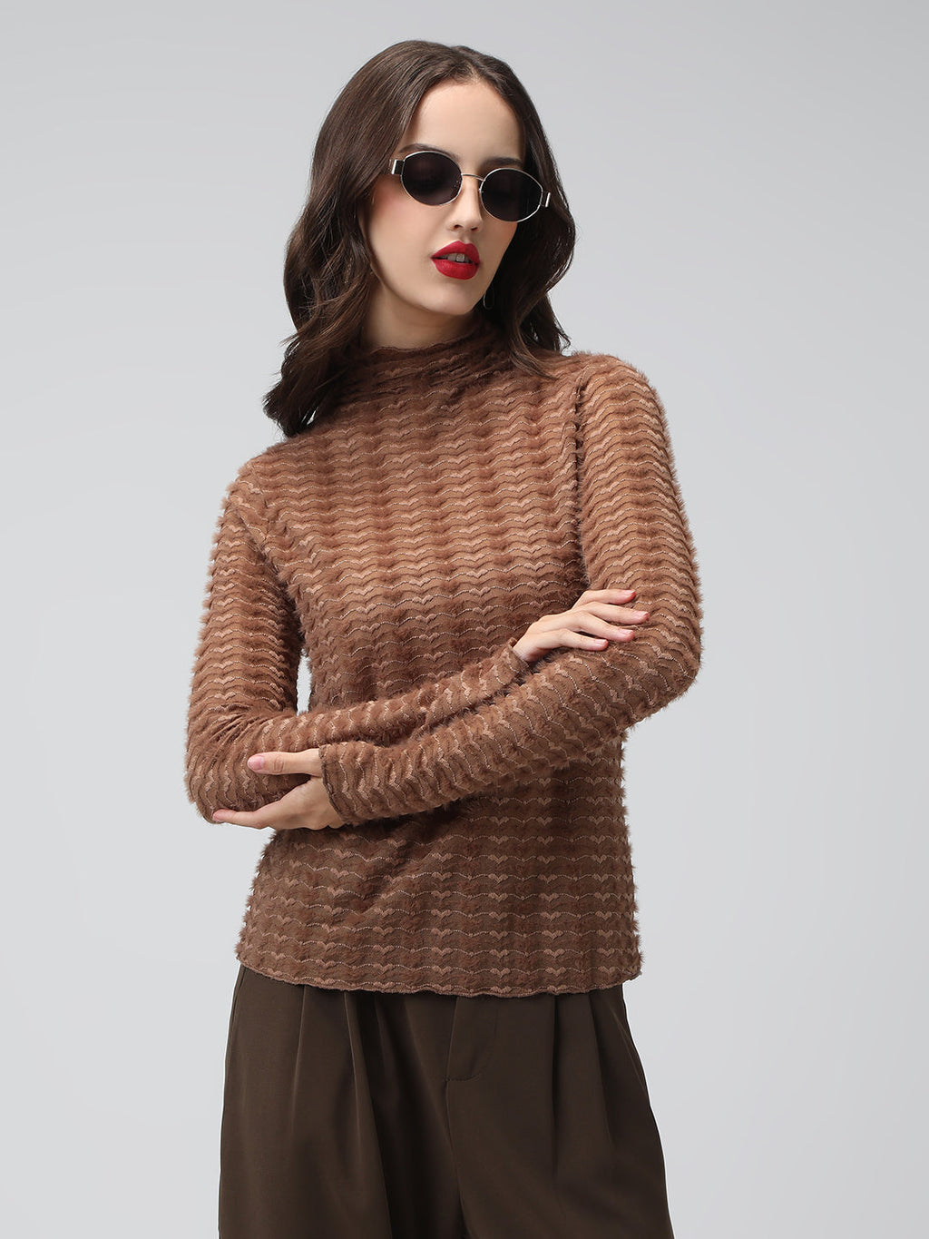 Women's Textured Brown High Neck Top