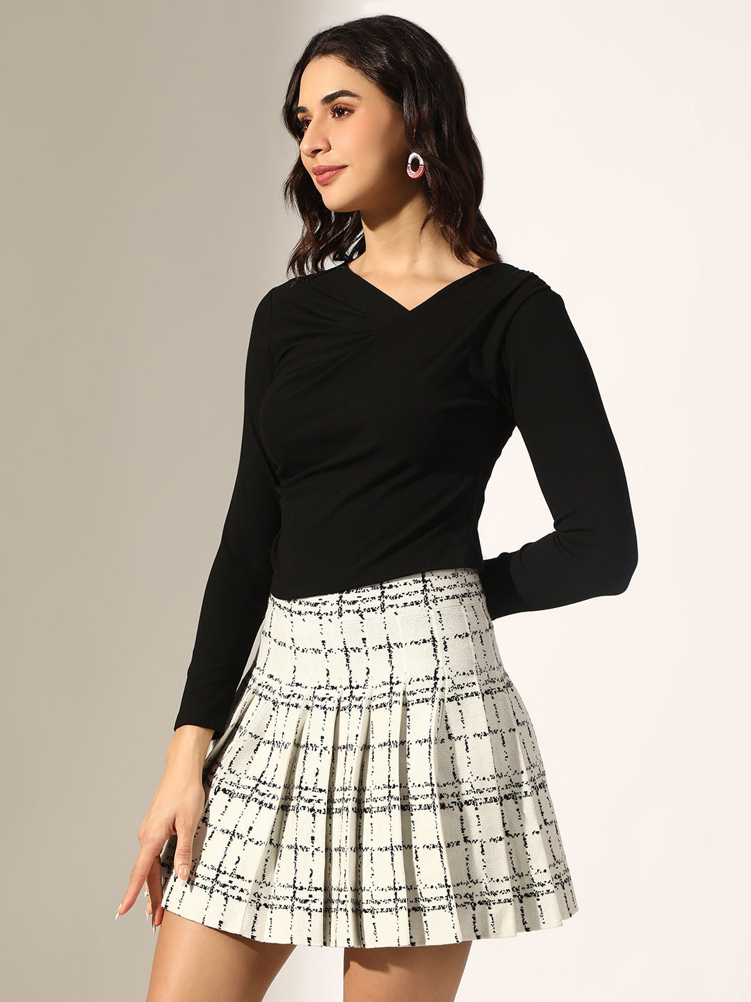 Women's Black Long Sleeve Slim Fit Draped Top