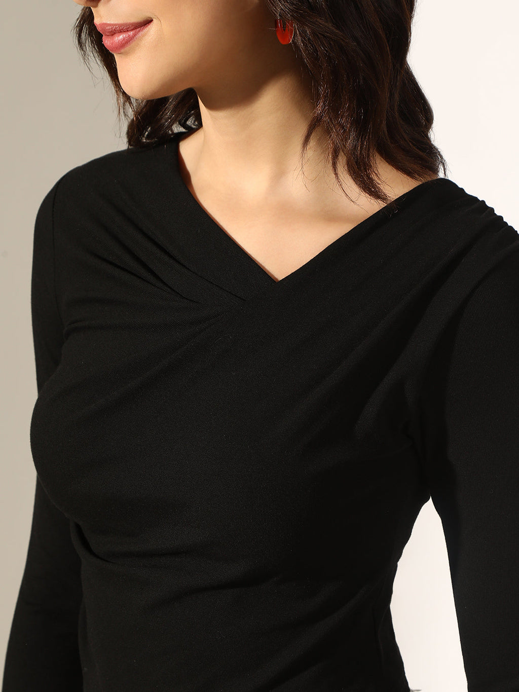 Women's Black Long Sleeve Slim Fit Draped Top