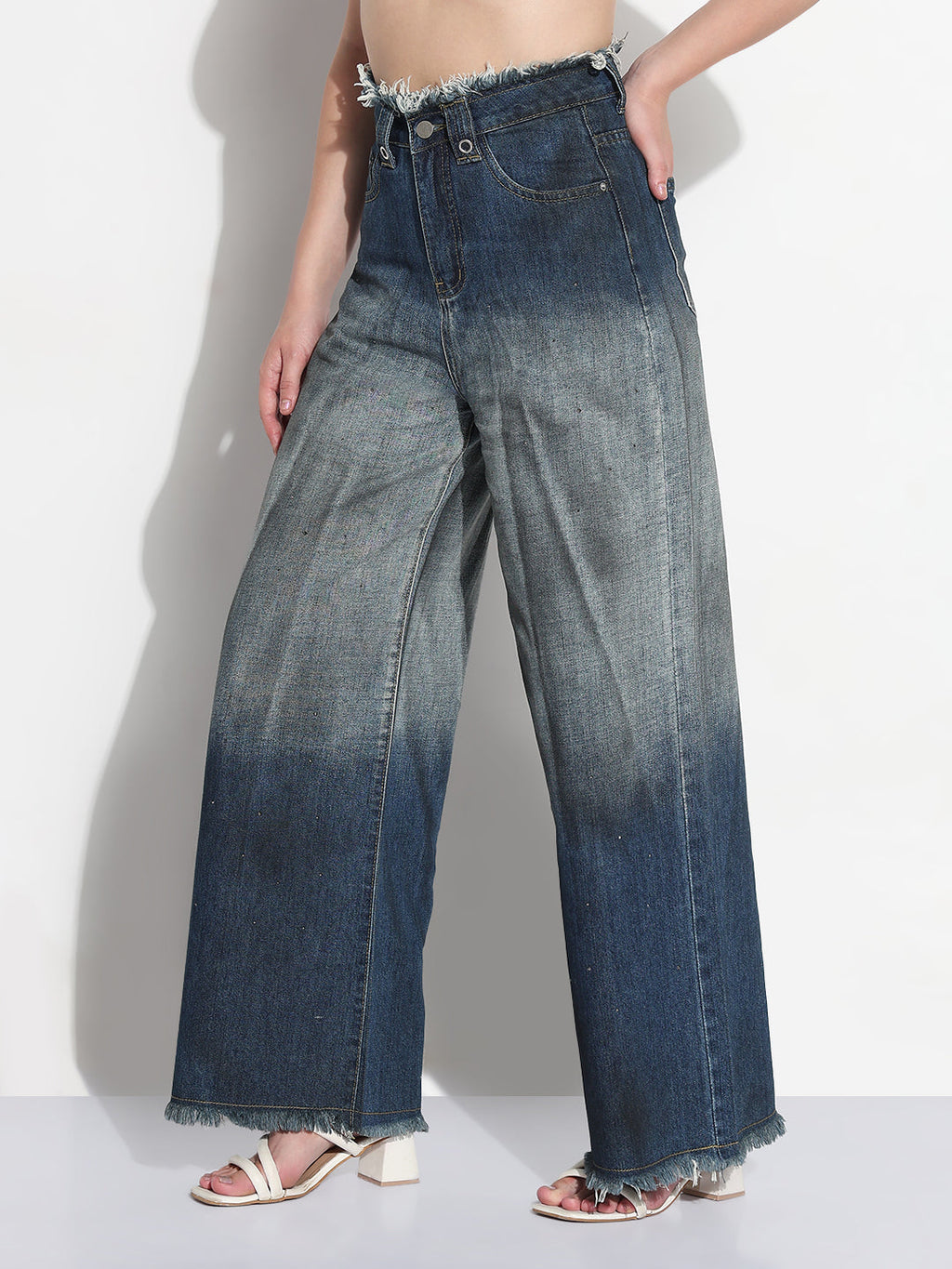Women's Blue Embellished High Rise Frayed Hem Wide Leg Two-Tone Jeans