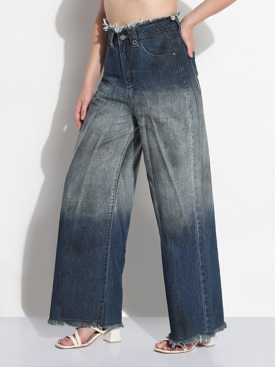 Women's Blue Embellished High Rise Frayed Hem Wide Leg Two-Tone Jeans