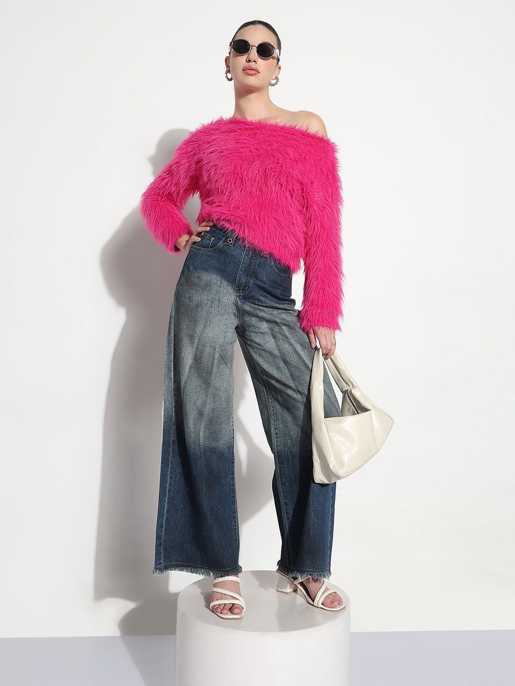 Women's Blue Embellished High Rise Frayed Hem Wide Leg Two-Tone Jeans