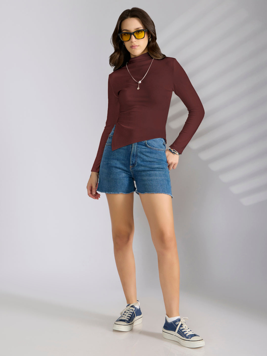 Women's Maroon Asymmetric Hem Top with Neck Chain