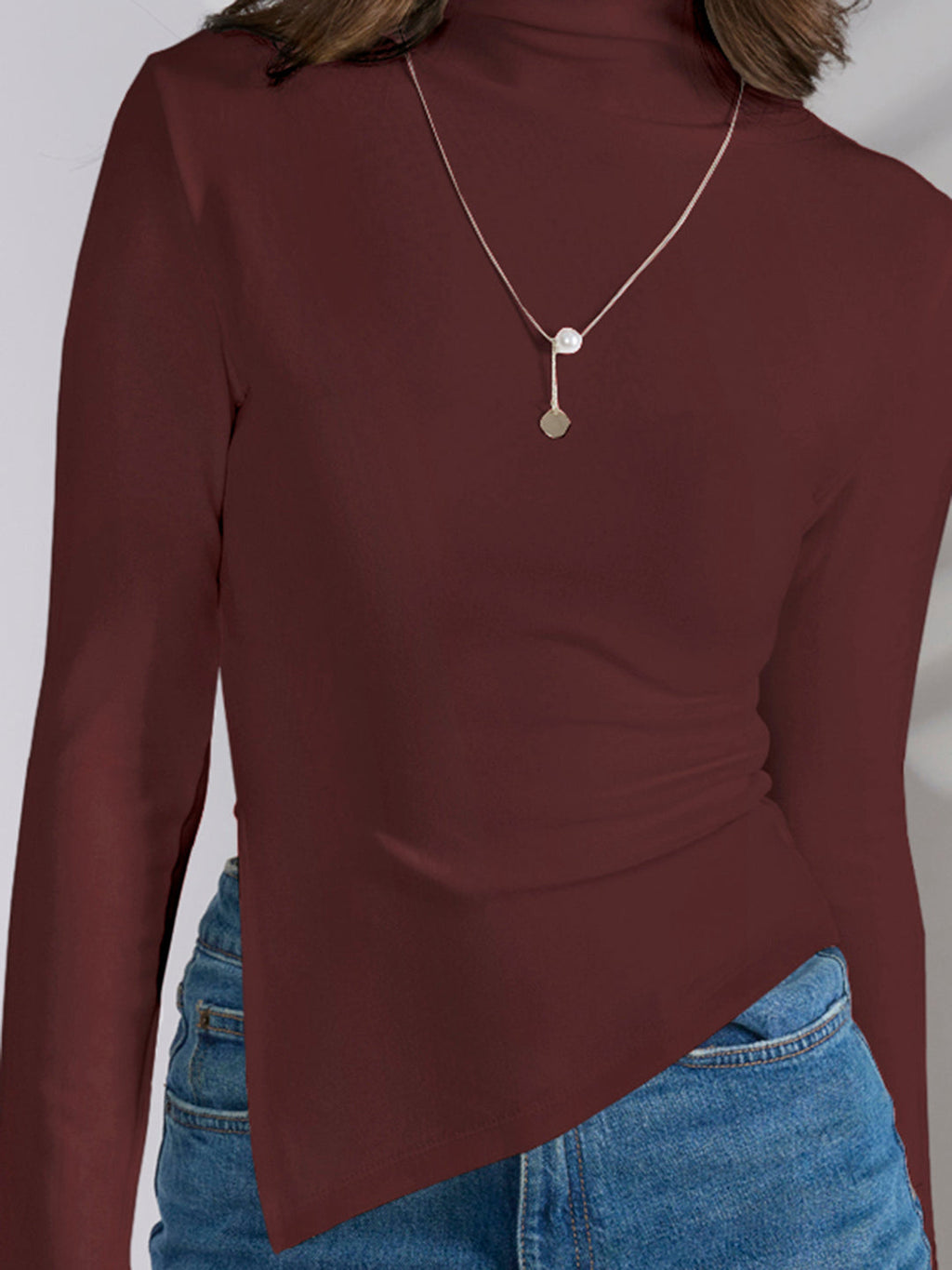 Women's Maroon Asymmetric Hem Top with Neck Chain