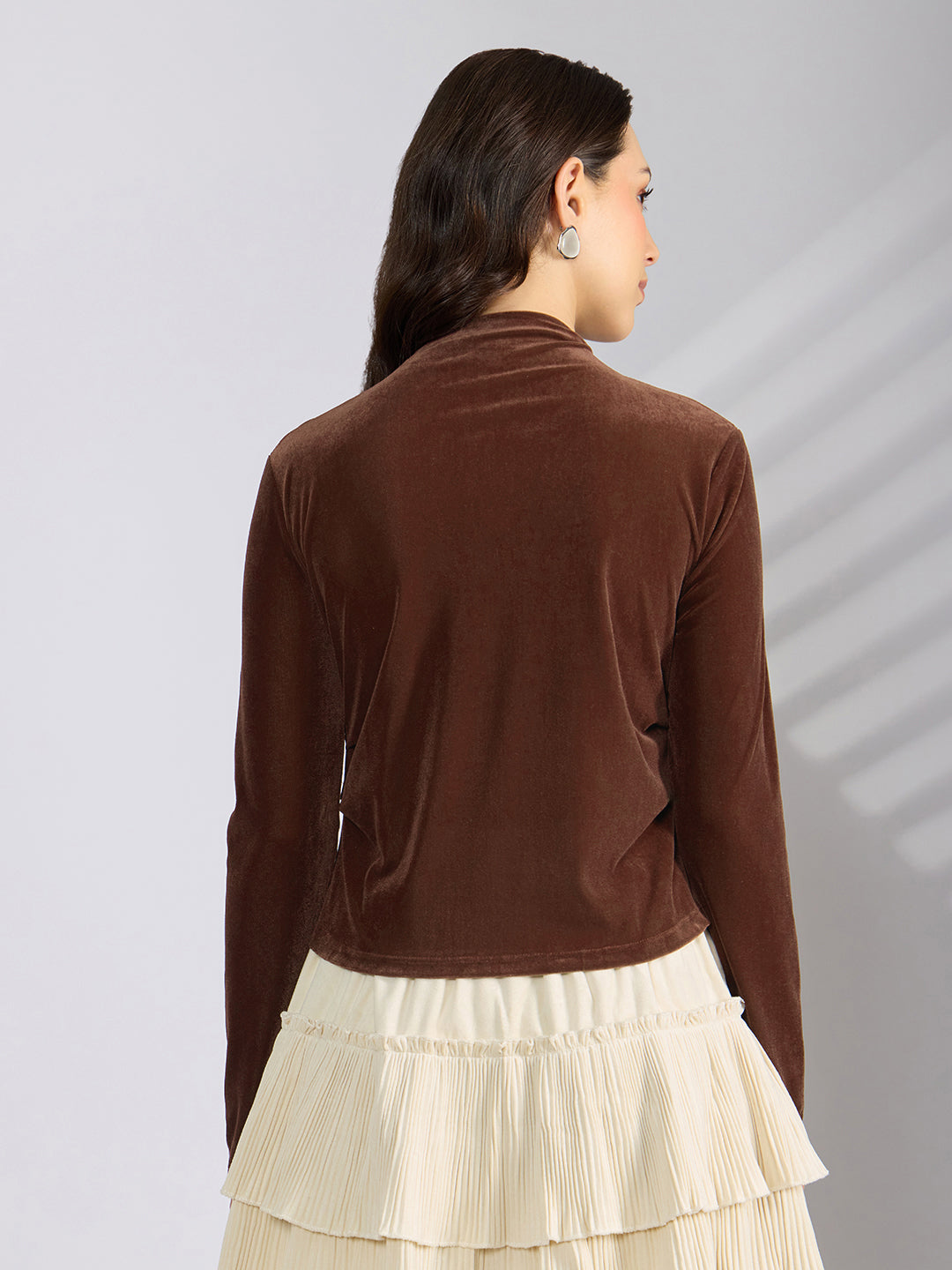 Women's Brown Velvet Fitted Ruched Top with Chain