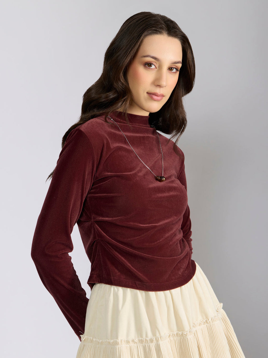 Women's Burgundy Velvet Fitted Ruched Top with Chain