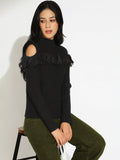 Women’s Knitted Black Cold Shoulder Ruffle Top
