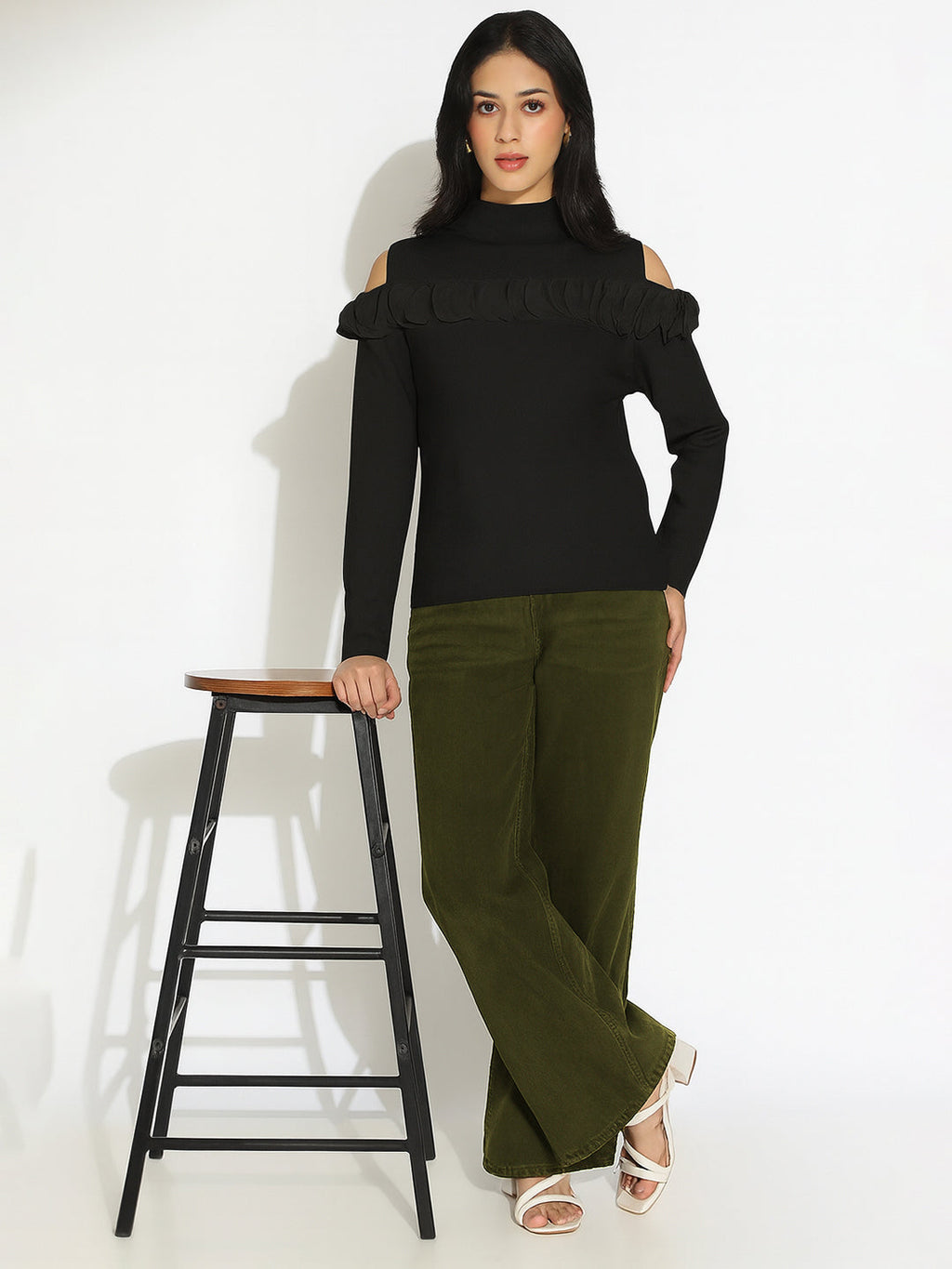 Women’s Knitted Black Cold Shoulder Ruffle Top