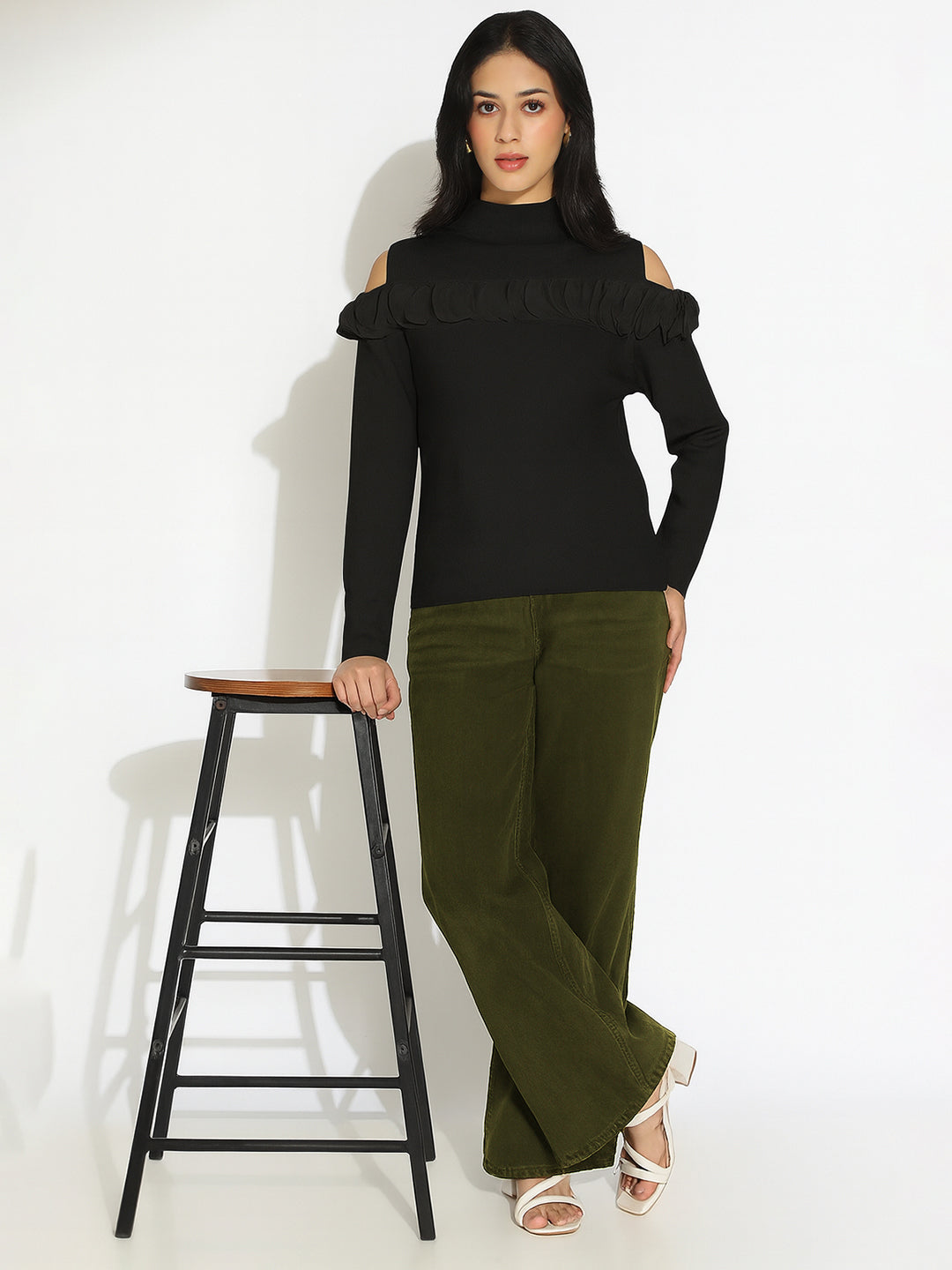 Women’s Knitted Black Cold Shoulder Ruffle Top
