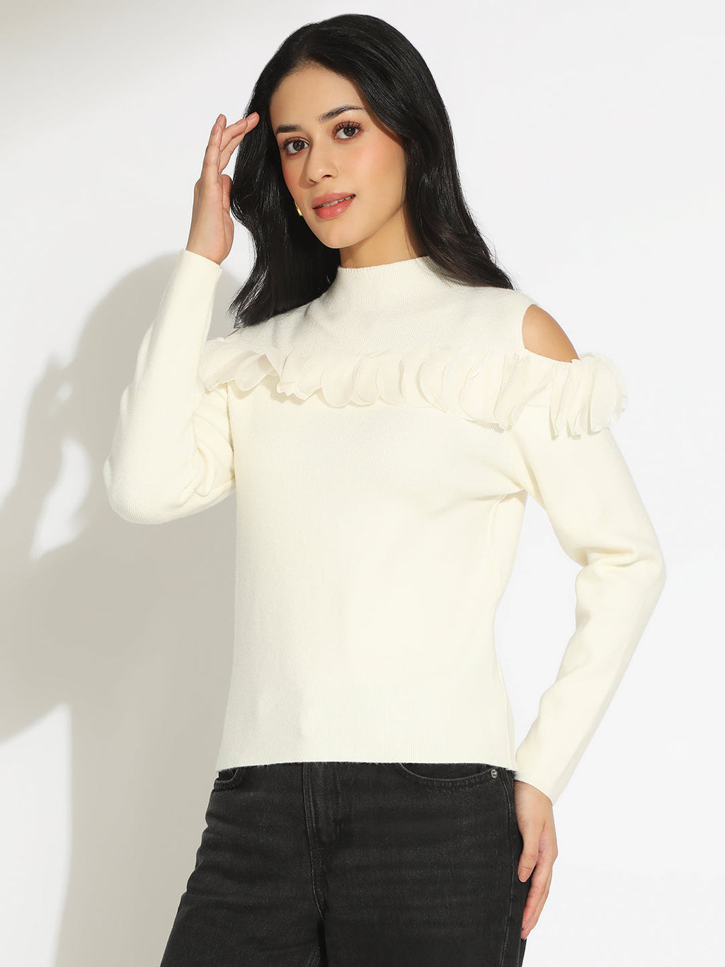 Women’s Knitted White Cold Shoulder Ruffle Top