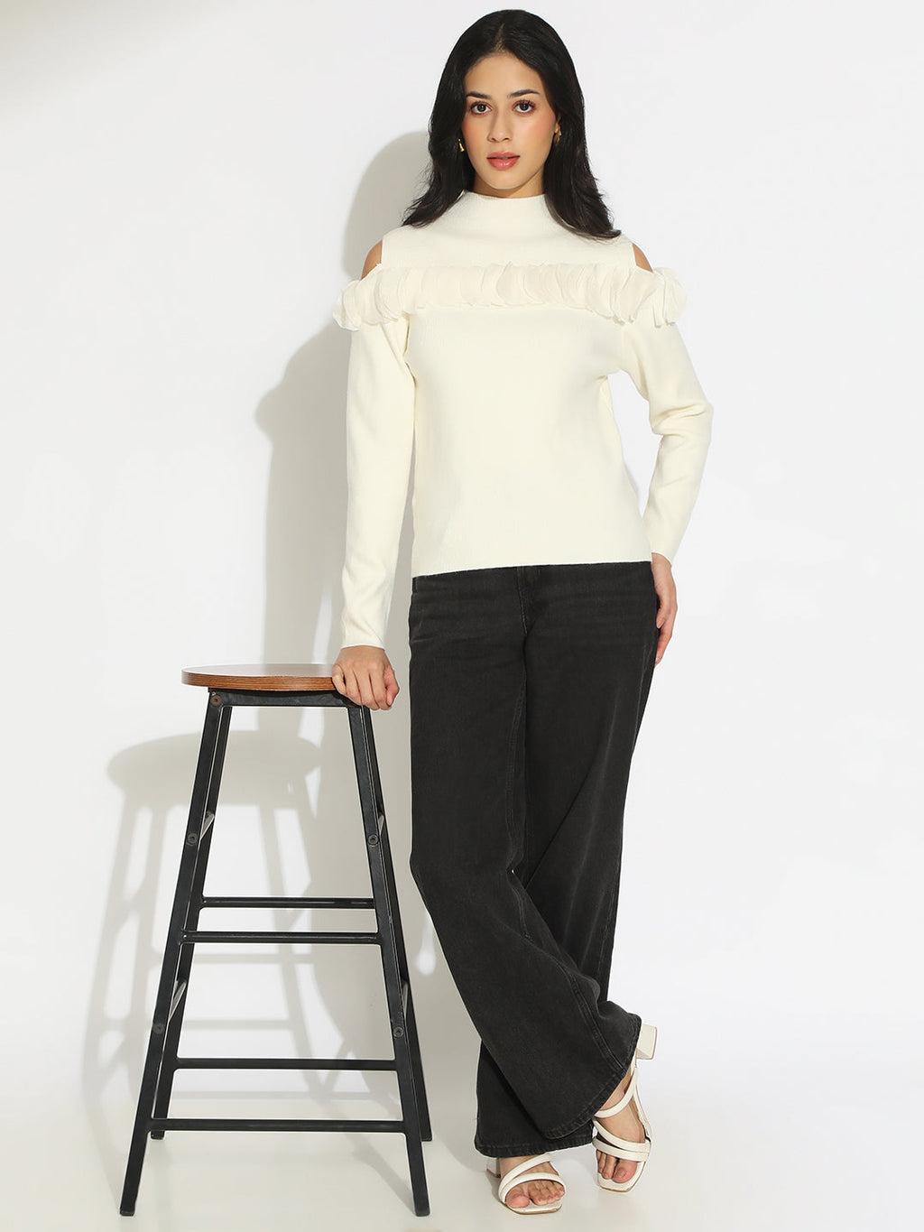 Women’s Knitted White Cold Shoulder Ruffle Top