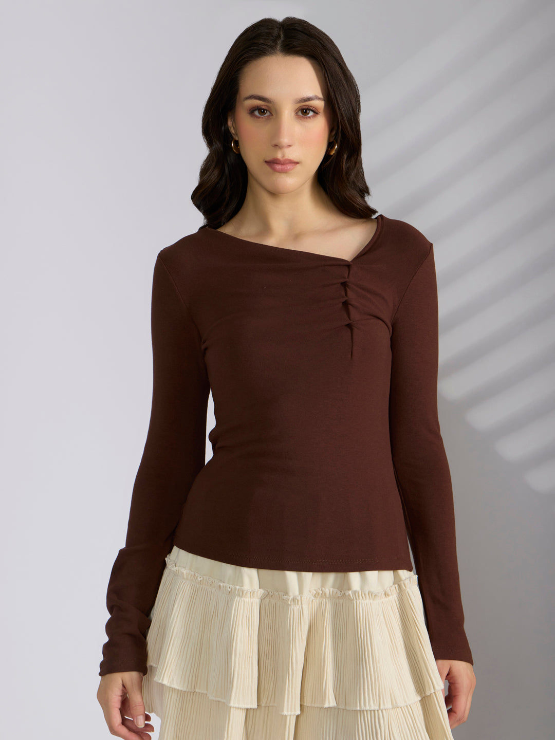 Women's Brown Asymmetric Ruched Neckline Long Sleeve Top
