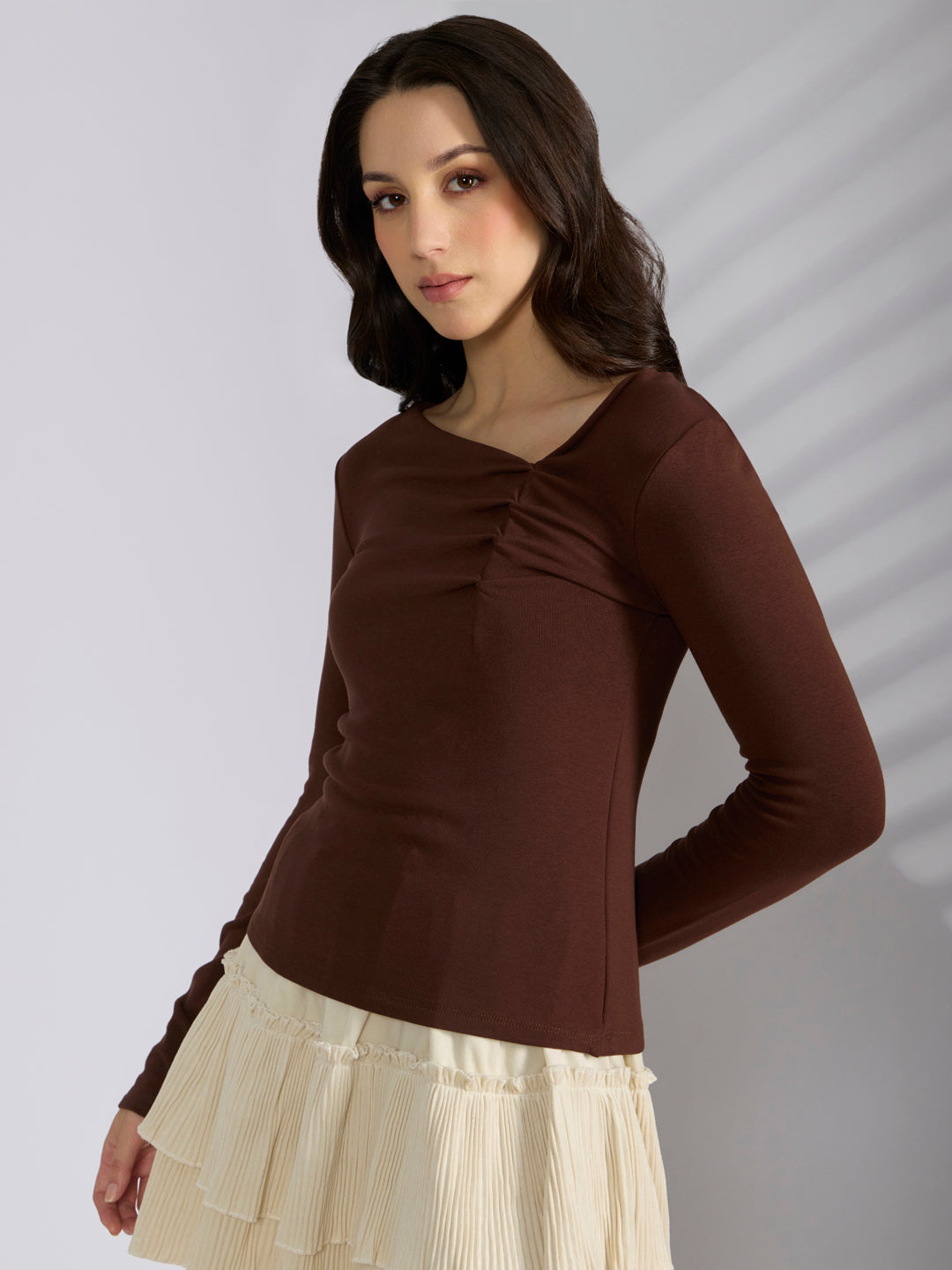 Women's Brown Asymmetric Ruched Neckline Long Sleeve Top
