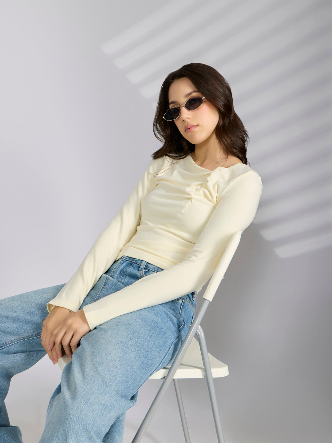 Women's Cream Asymmetric Ruched Neckline Long Sleeve Top