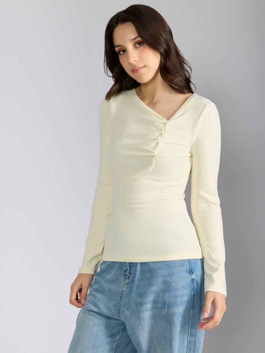 Women's Cream Asymmetric Ruched Neckline Long Sleeve Top