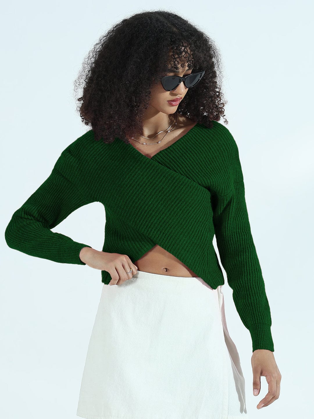 Women's Ribbed Green Asymmetric Wrap Style Short Top