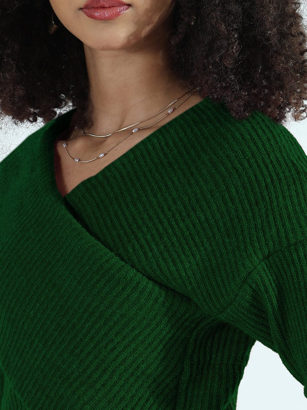 Women's Ribbed Green Asymmetric Wrap Style Short Top