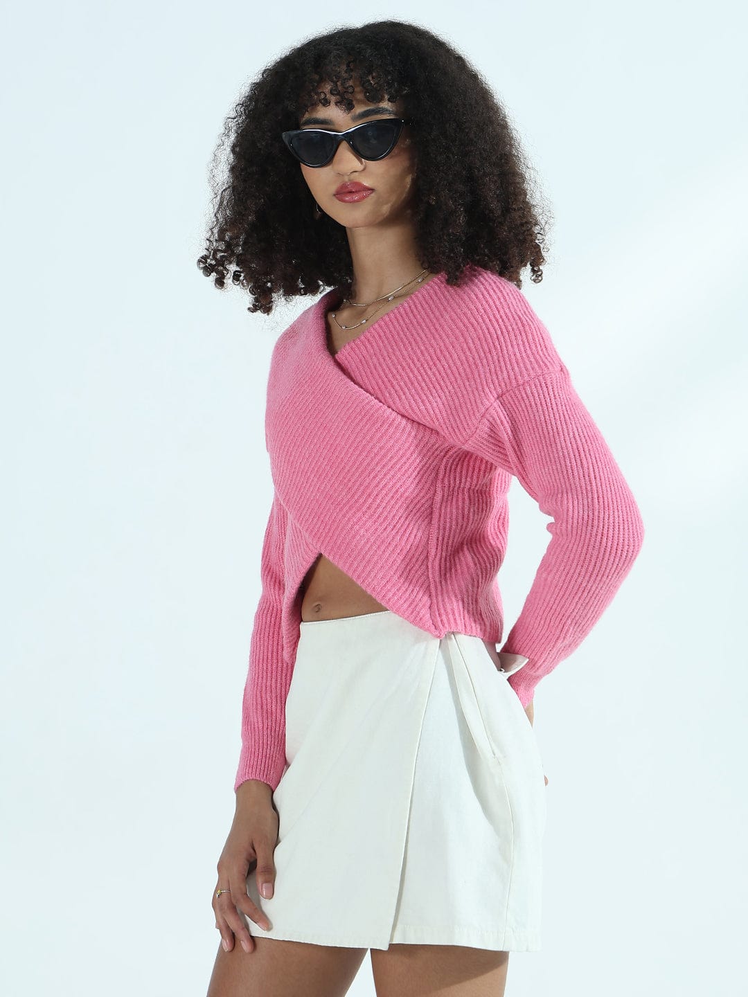 Women's Ribbed Pink Asymmetric Wrap Style Short Top