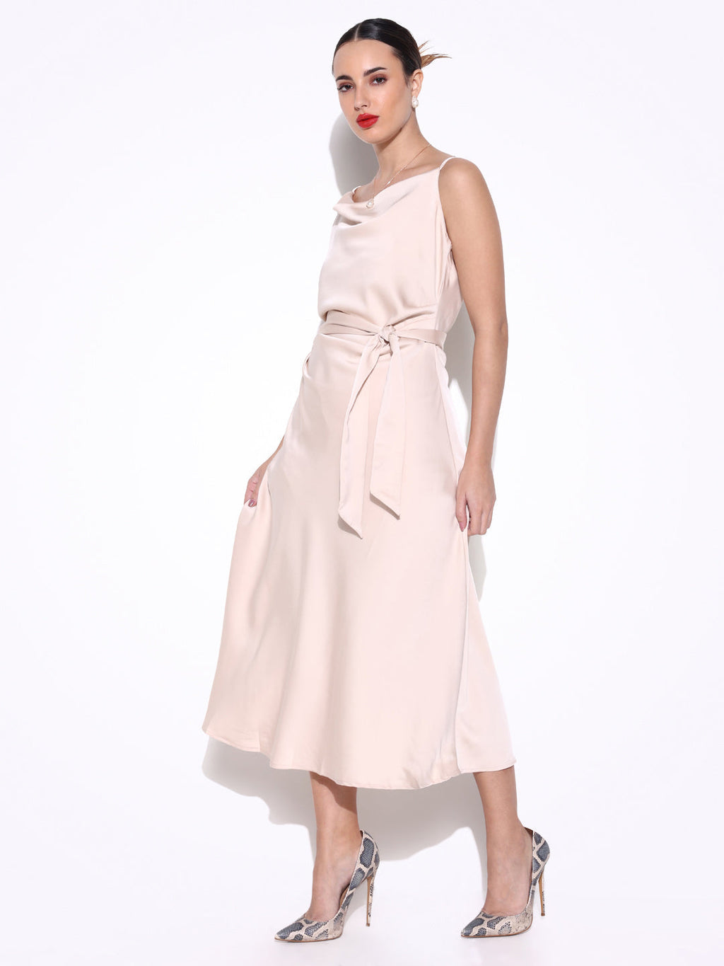 Women's Cream Satin Cowl Neck Slip Dress with Waist Tie