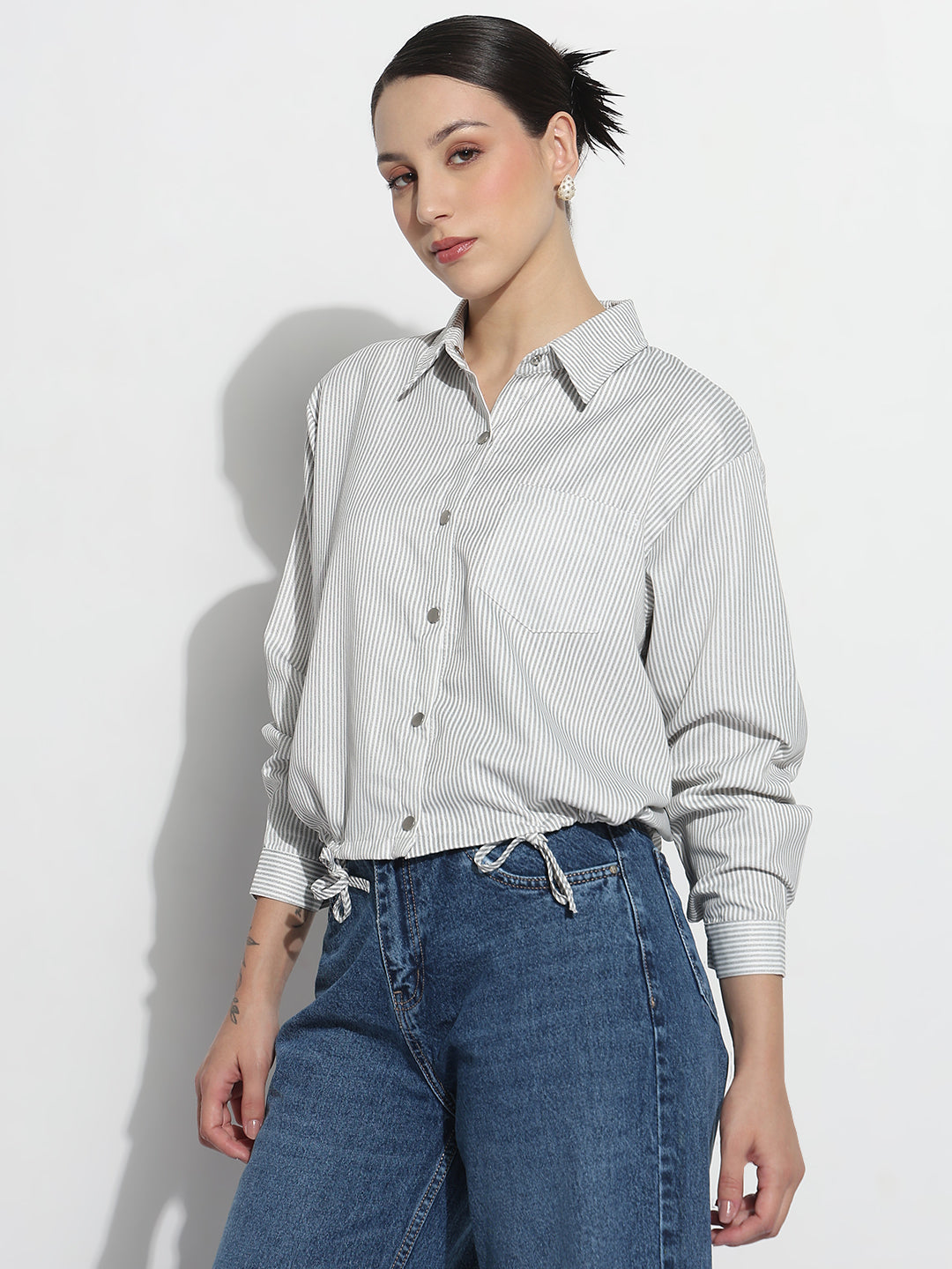 Women's Pinstripes Grey Shirt Style Top with Tie-Up Hem