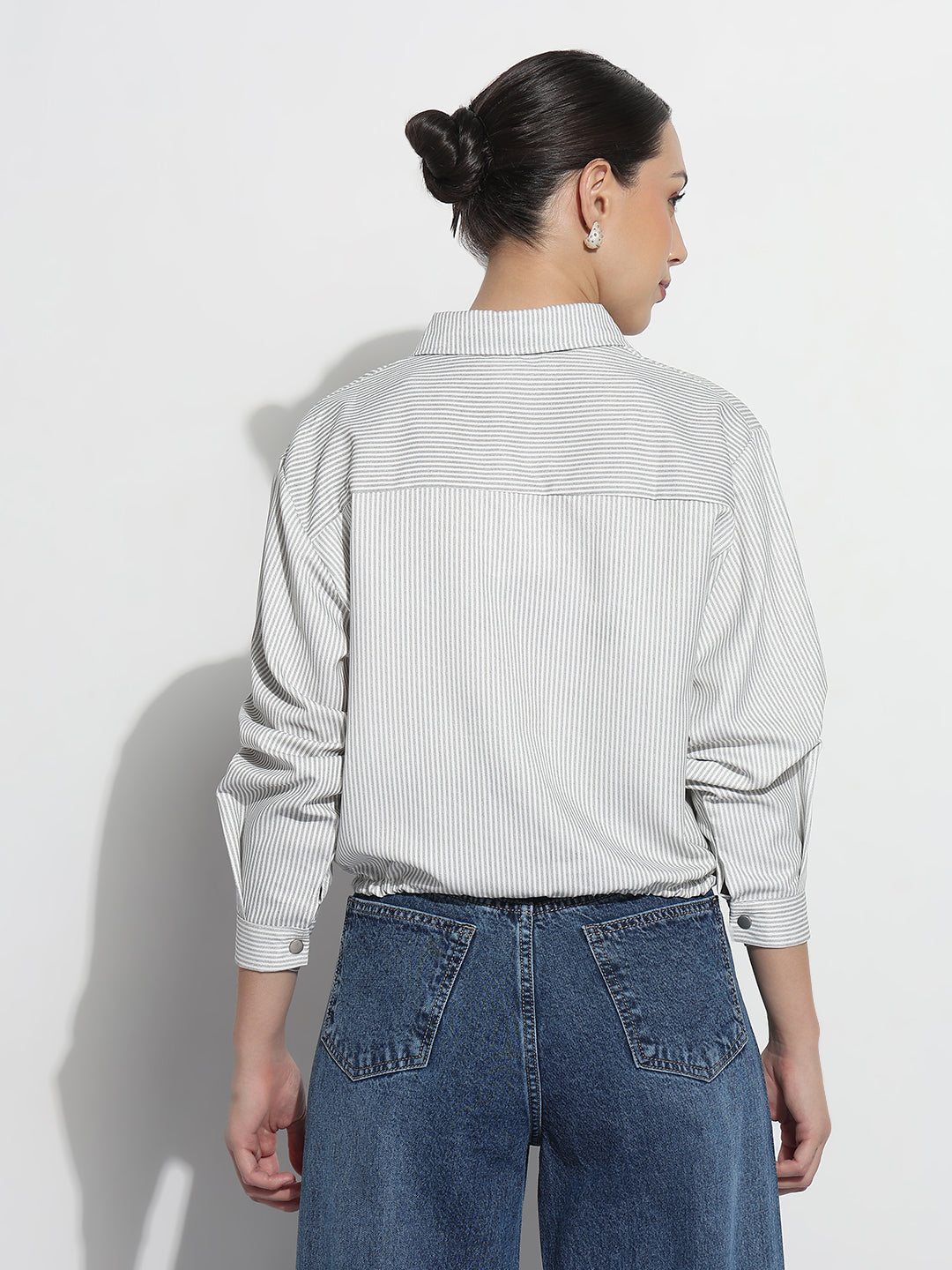 Women's Pinstripes Grey Shirt Style Top with Tie-Up Hem
