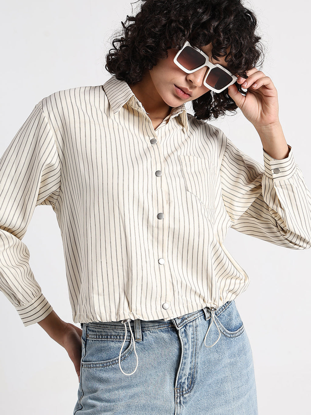 Women's Pinstripes Cream Shirt Style Top with Toggle Hem