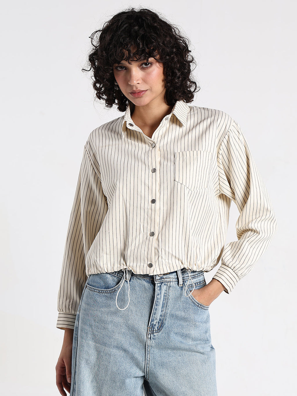Women's Pinstripes Cream Shirt Style Top with Toggle Hem