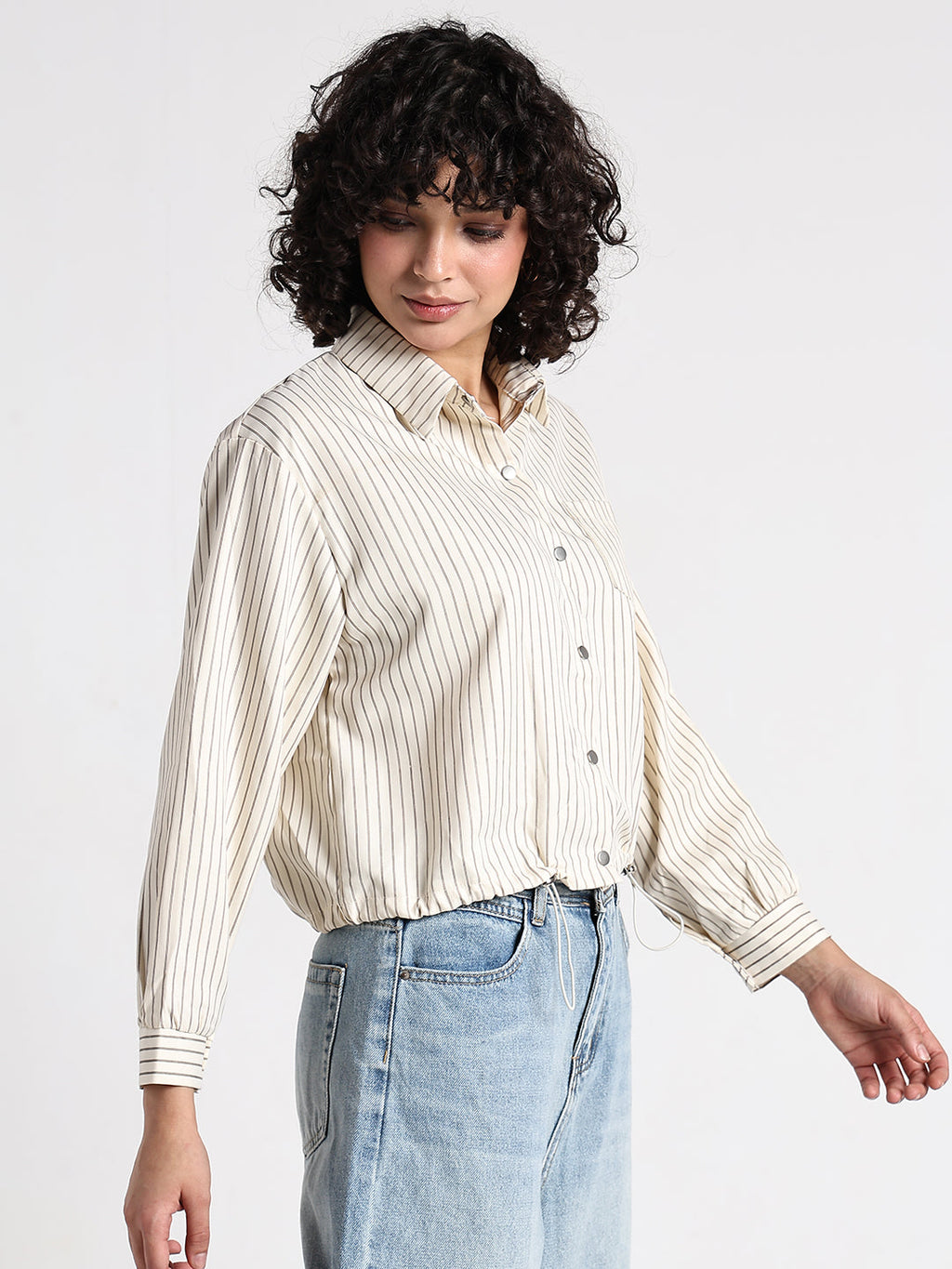 Women's Pinstripes Cream Shirt Style Top with Toggle Hem