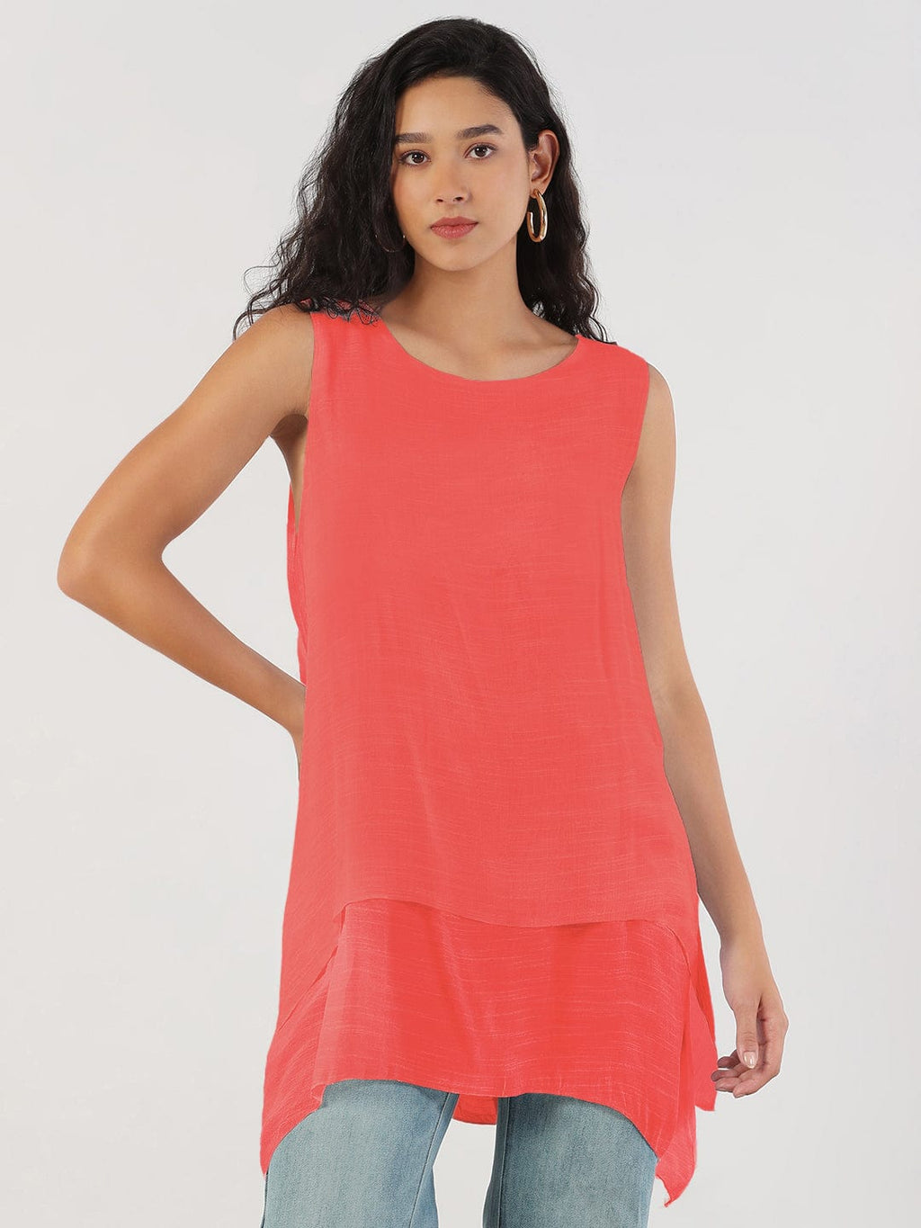 Women's Pink Round Neck Asymmetric Hem Longline Top