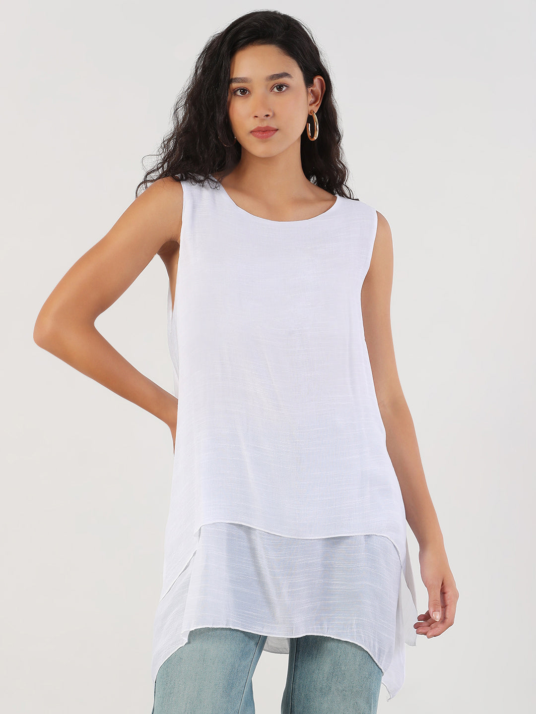 Women's Solid Round Neck White Longline Top