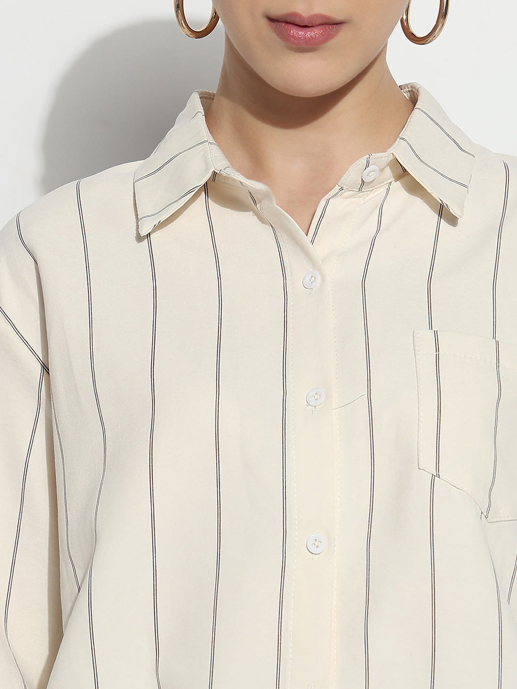 Women's Striped Cream Shirt Style Top with Toggle Hem