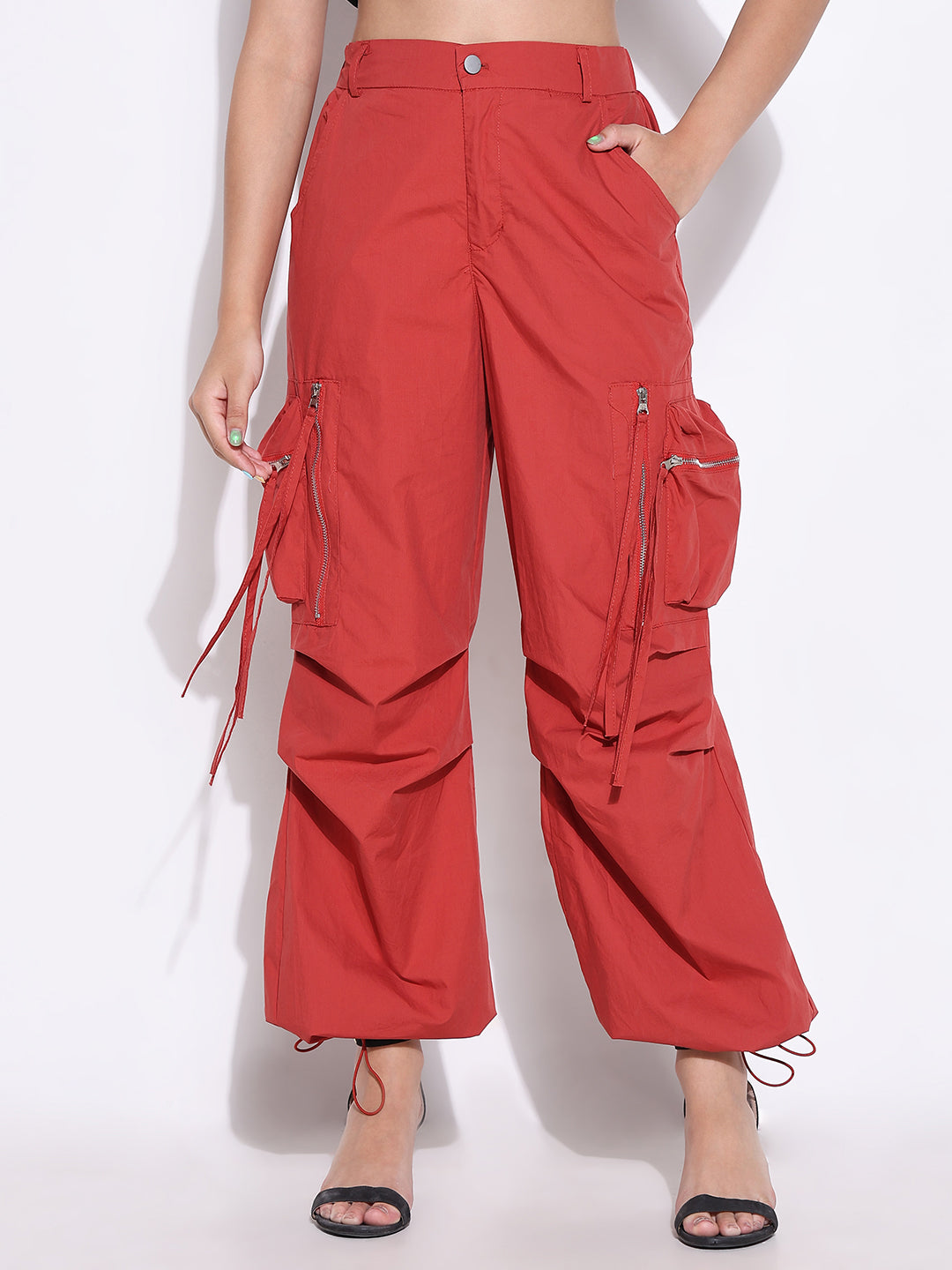 Women's Red Parachute Pants with Side Pocket and Zip Detail