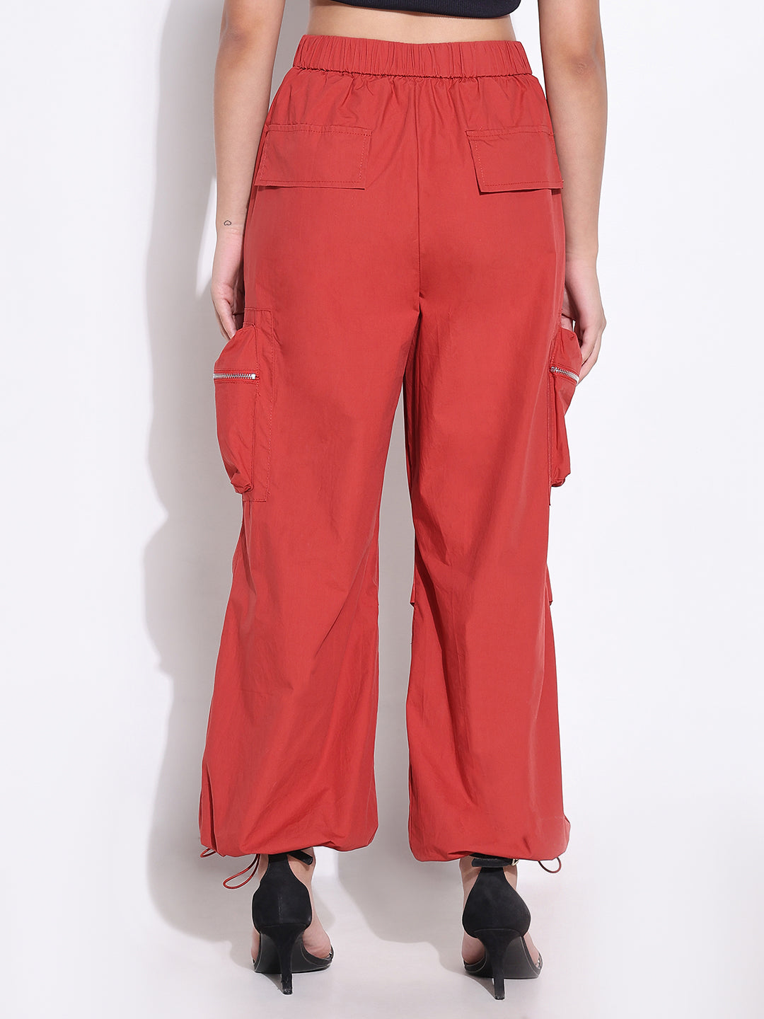 Women's Red Parachute Pants with Side Pocket and Zip Detail