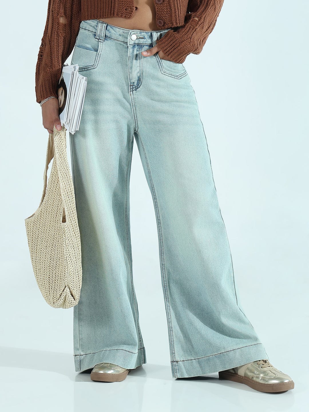Women's Blue Wide-Leg Jeans with Bottom Hem and Patch Pockets