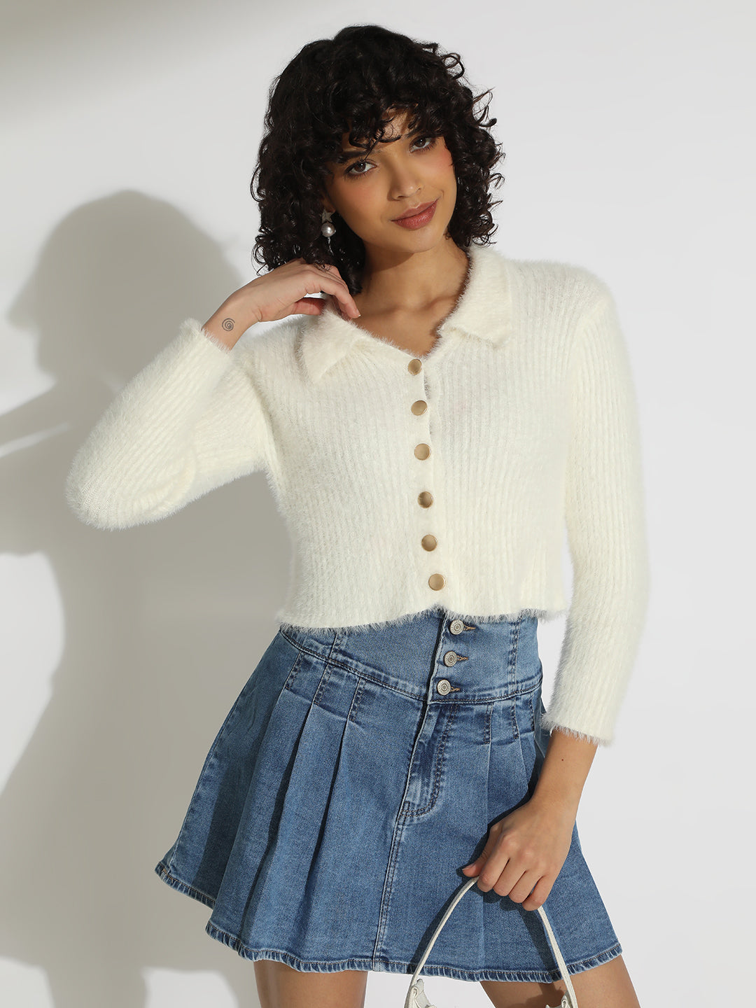 Women's Off White Ribbed Fuzzy Shirt Style Top with Gold Buttons